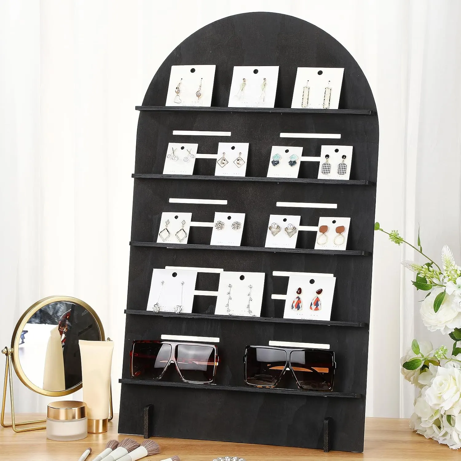 1 Pcs 5 Tier Wooden Earring Display Stand Jewelry Display Rack with Adjustable Height for Retail Storage (Black)