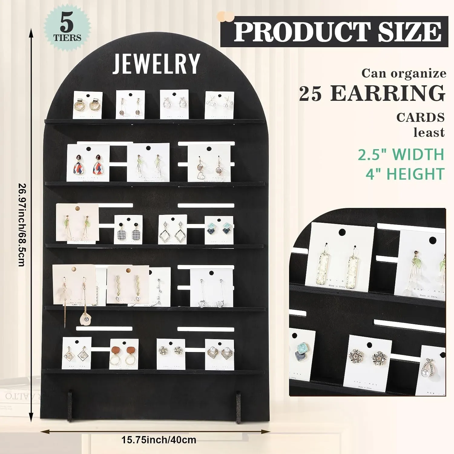 1 Pcs 5 Tier Wooden Earring Display Stand Jewelry Display Rack with Adjustable Height for Retail Storage (Black)