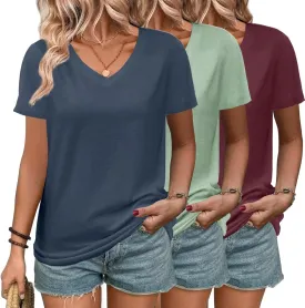 3 Pack Women's T Shirts Short Sleeve Basic Tees, 2025 Spring Summer Clothing V Neck Casual Tops Trendy Outfits