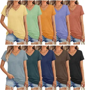 3/10 Pack V Neck T Shirts for Women Short Sleeve Tshirts Summer Casual Tops Loose Fit Basic Tees
