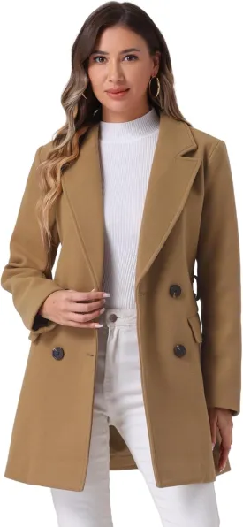 Allegra K Women's Notch Lapel Double Breasted Belted Mid Long Outwear Winter Coat