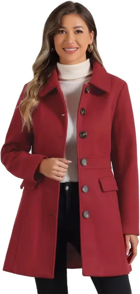 Allegra K Women's Winter Overcoat Peter Pan Collar Flap Pocket Single Breasted Coat