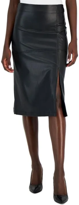 Anne Klein Womens Slit Faux Leather Pencil Skirt