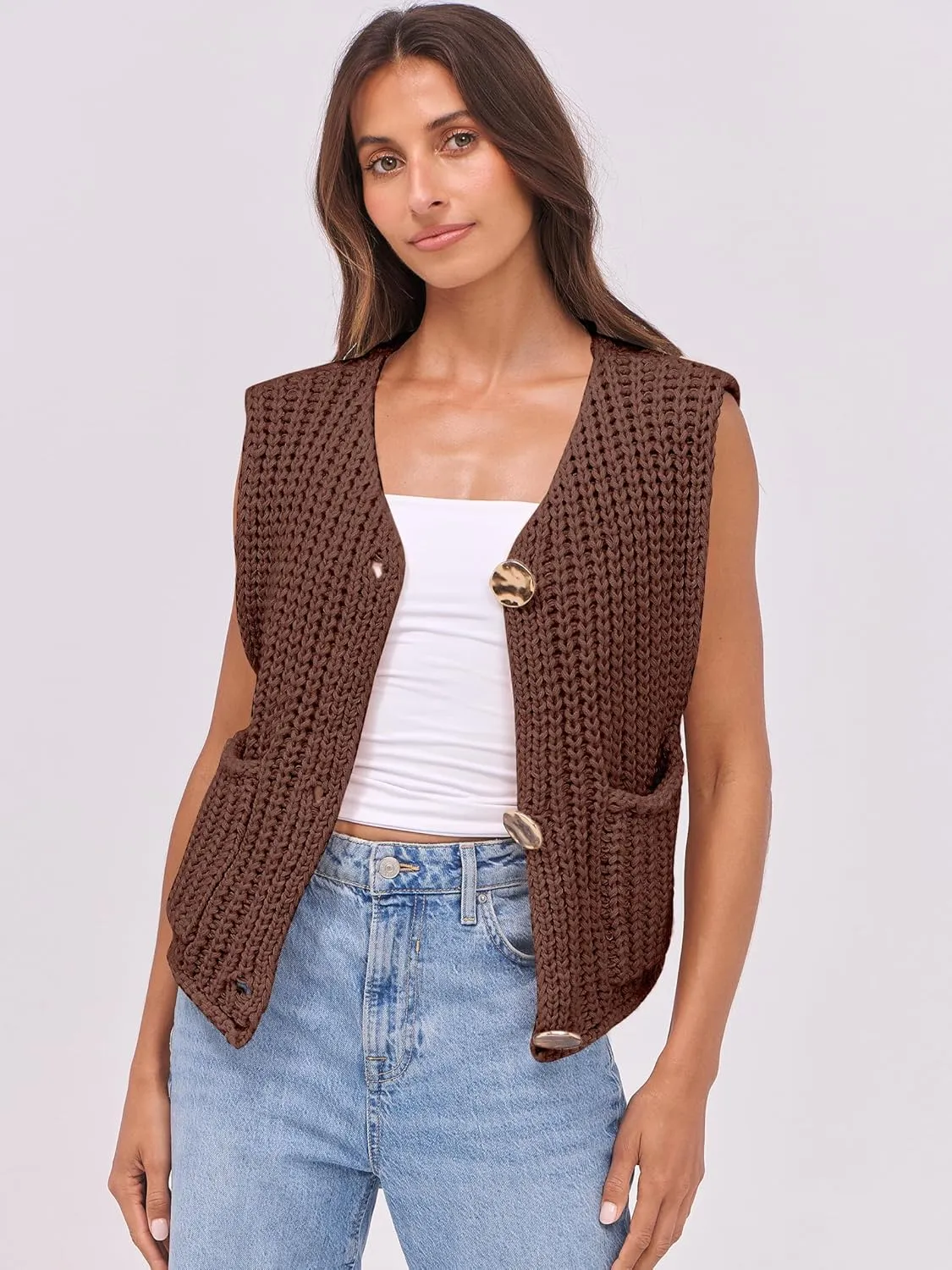 ANRABESS Women Chunky Knit Sweater Vest Button Down Casual Sleeveless Cardigan with Pockets Spring Trendy Outfits 2025