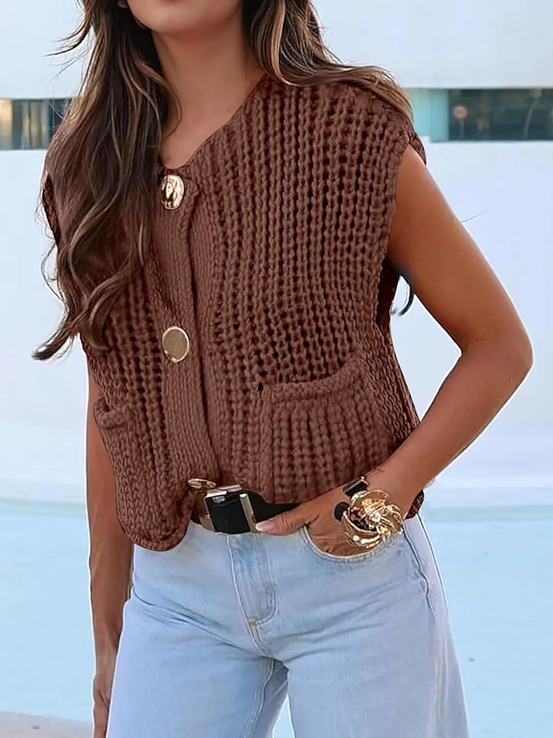ANRABESS Women Chunky Knit Sweater Vest Button Down Casual Sleeveless Cardigan with Pockets Spring Trendy Outfits 2025