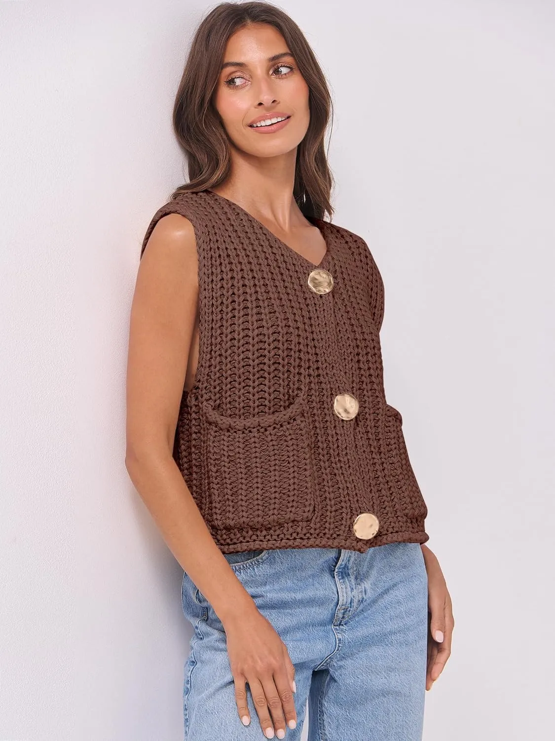 ANRABESS Women Chunky Knit Sweater Vest Button Down Casual Sleeveless Cardigan with Pockets Spring Trendy Outfits 2025