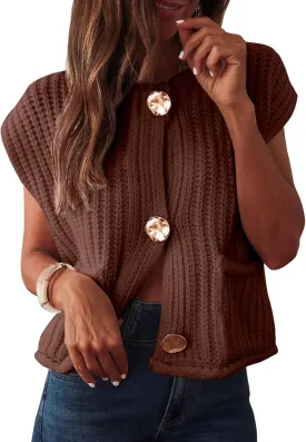 ANRABESS Women Chunky Knit Sweater Vest Button Down Casual Sleeveless Cardigan with Pockets Spring Trendy Outfits 2025