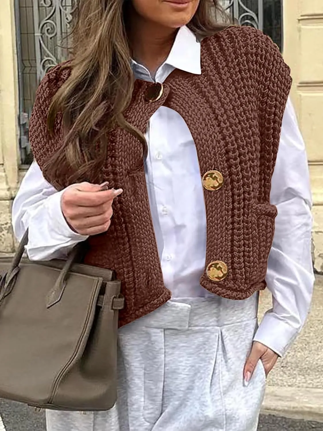 ANRABESS Women Chunky Knit Sweater Vest Button Down Casual Sleeveless Cardigan with Pockets Spring Trendy Outfits 2025