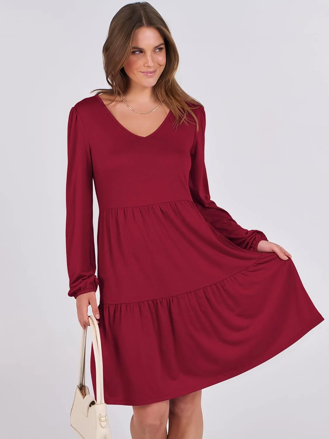 ANRABESS Women's Casual Long Sleeve V Neck Tiered Swing Flowy Loose A-line Cute Mini Short Spring Fall Dress