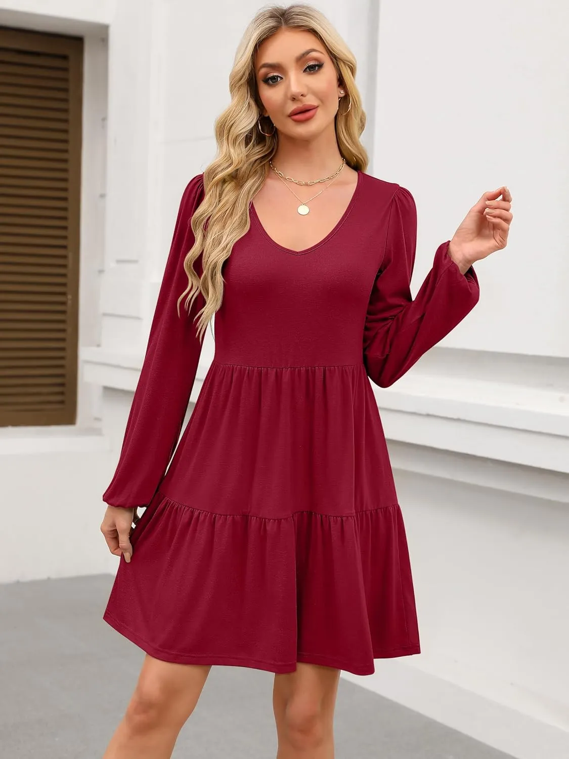 ANRABESS Women's Casual Long Sleeve V Neck Tiered Swing Flowy Loose A-line Cute Mini Short Spring Fall Dress