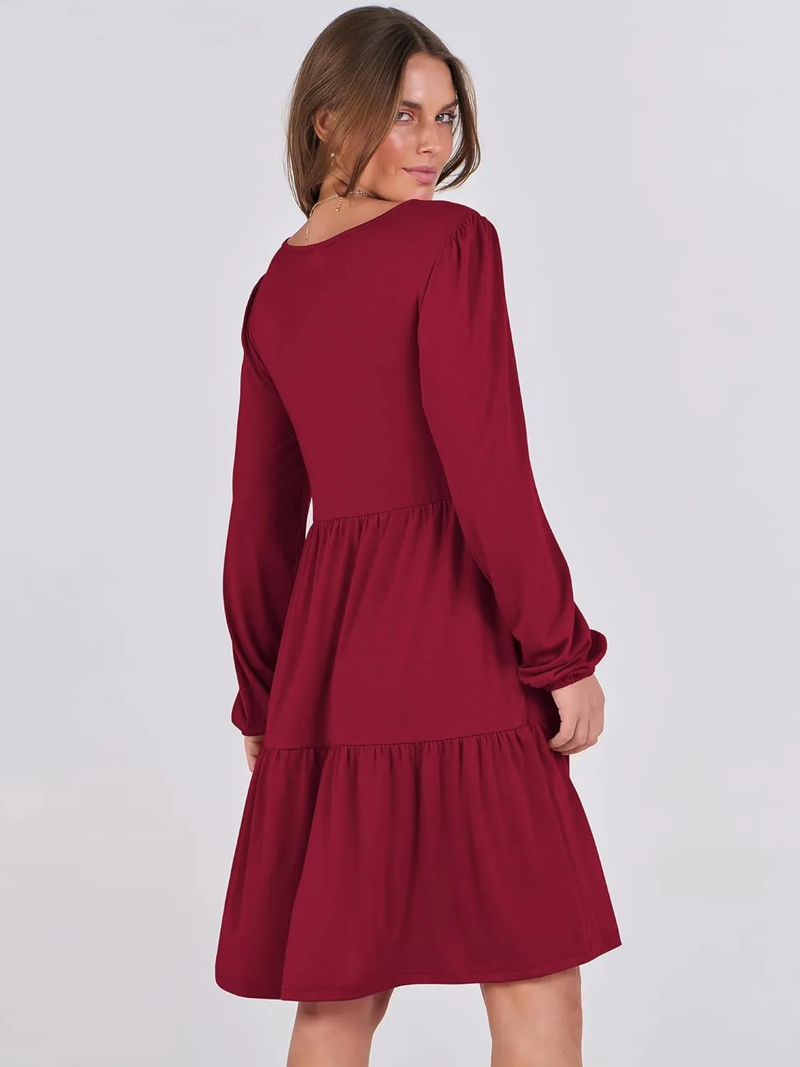 ANRABESS Women's Casual Long Sleeve V Neck Tiered Swing Flowy Loose A-line Cute Mini Short Spring Fall Dress