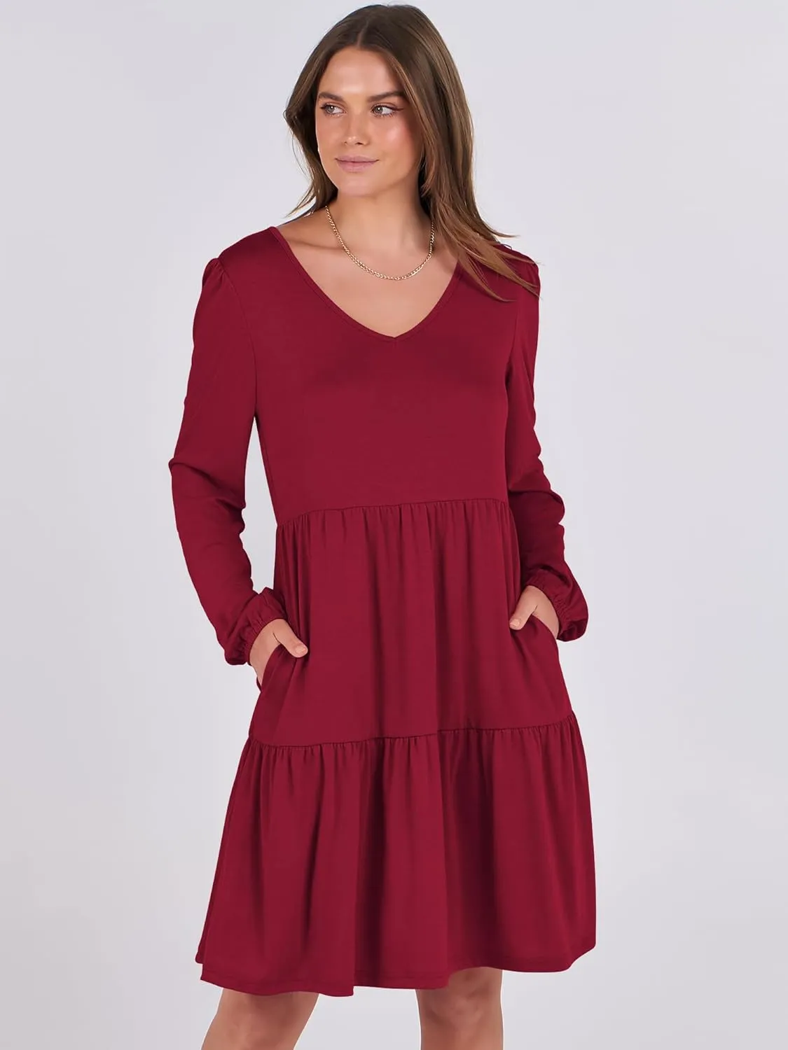 ANRABESS Women's Casual Long Sleeve V Neck Tiered Swing Flowy Loose A-line Cute Mini Short Spring Fall Dress
