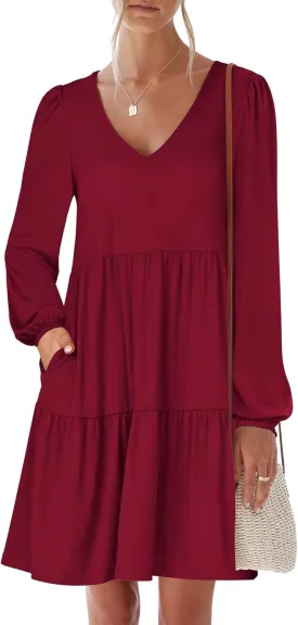 ANRABESS Women's Casual Long Sleeve V Neck Tiered Swing Flowy Loose A-line Cute Mini Short Spring Fall Dress