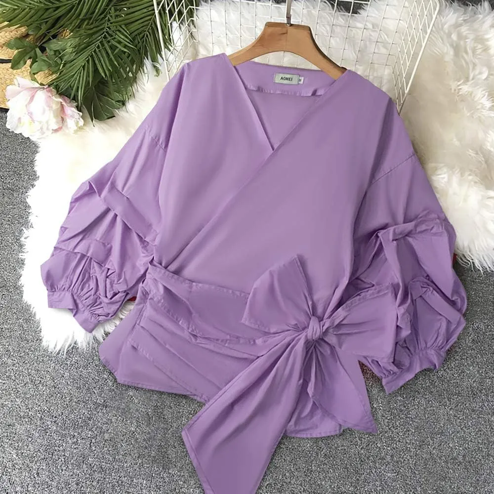 AOMEI Women Spring Summer Blouses with Puff Sleeve Sashes Shirts Tops