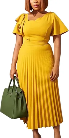 AOMEI Women's Short Sleeve Asymmetrical Ruffles High Waist Pleated Hem Midi Spring Dress