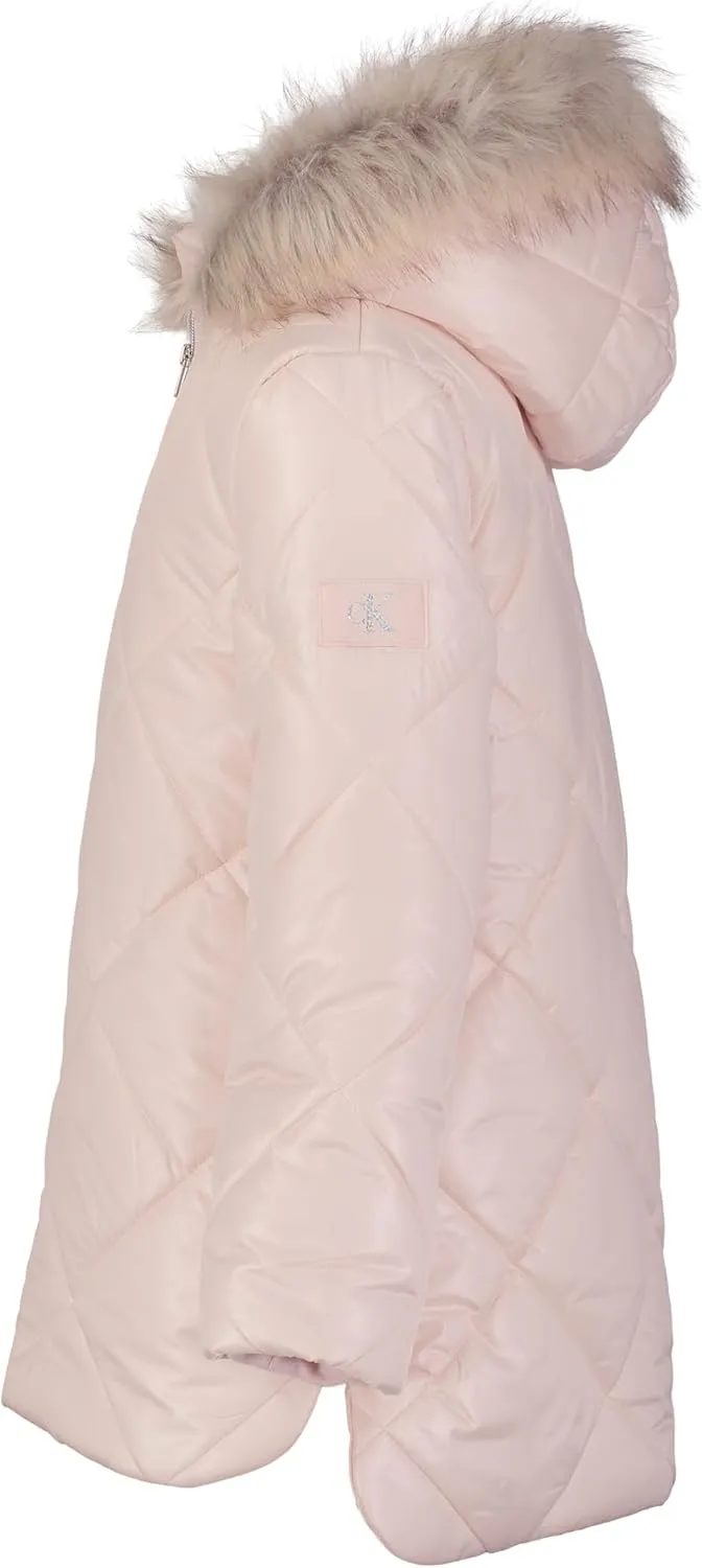 Calvin Klein Girls' Short Length Hooded Winter Diamond Quilt Puffer Jacket with Fleece Lining