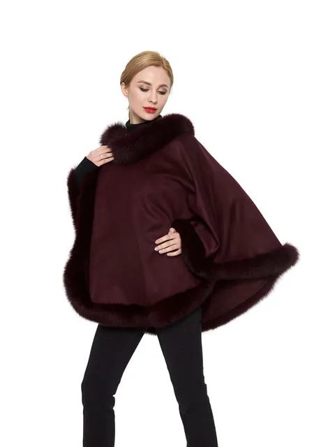 Cashmere poncho with fox trim