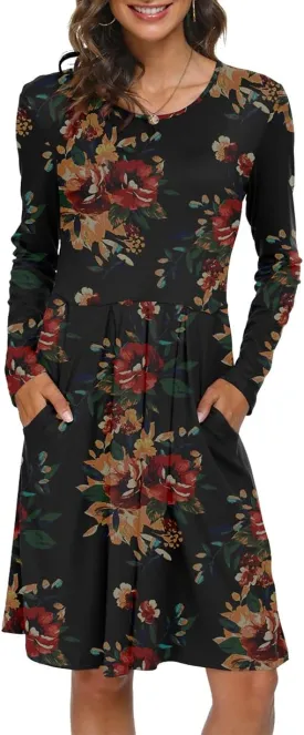 DouBCQ Women's Casual Long Sleeve Flowy Pleated Fall Dresses with Pockets