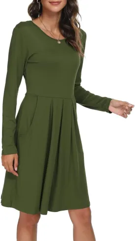 DouBCQ Women's Casual Long Sleeve Flowy Pleated Fall Dresses with Pockets