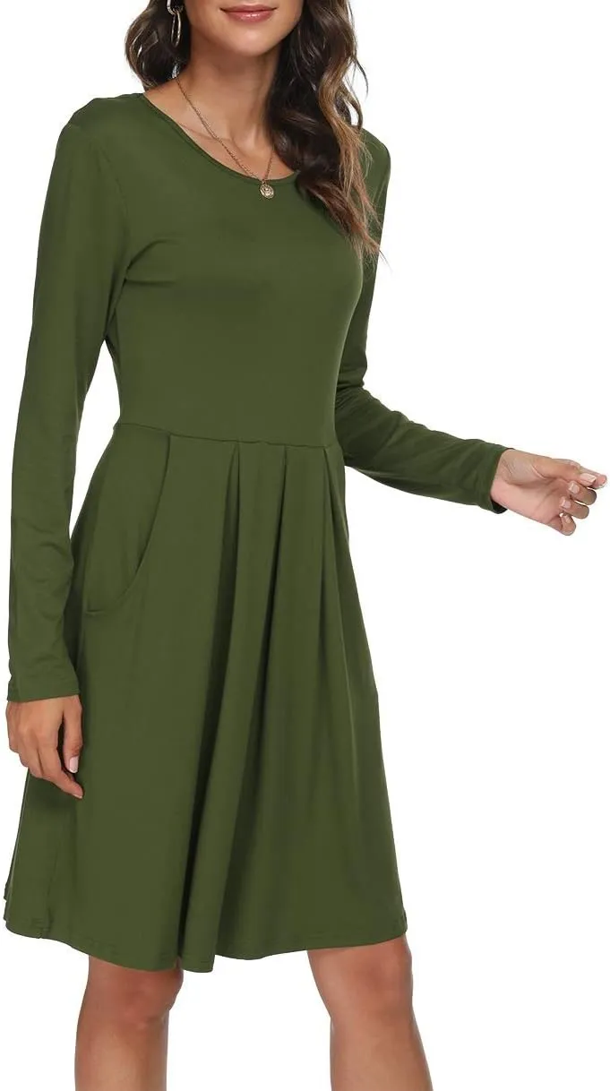 DouBCQ Women's Casual Long Sleeve Flowy Pleated Fall Dresses with Pockets