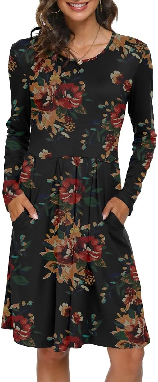DouBCQ Women's Casual Long Sleeve Flowy Pleated Fall Dresses with Pockets