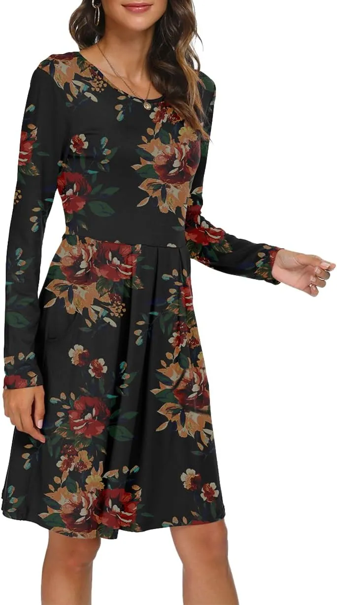 DouBCQ Women's Casual Long Sleeve Flowy Pleated Fall Dresses with Pockets