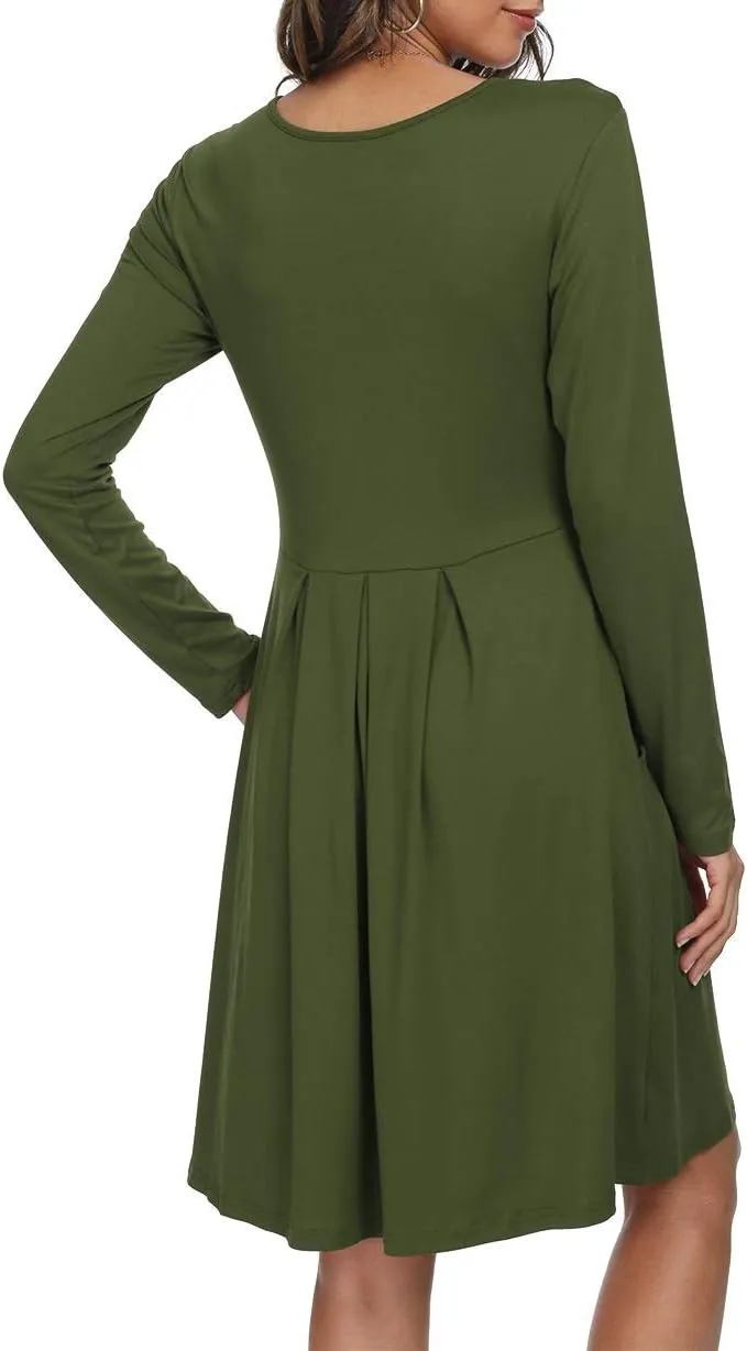 DouBCQ Women's Casual Long Sleeve Flowy Pleated Fall Dresses with Pockets