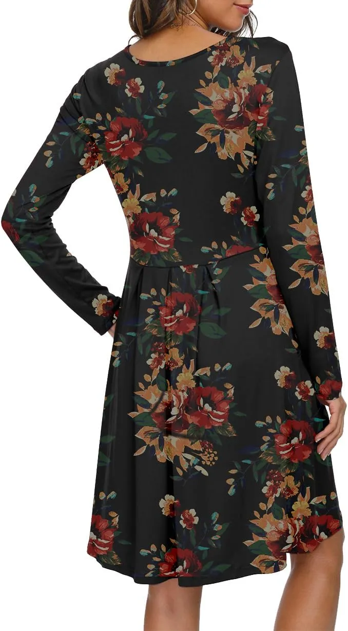 DouBCQ Women's Casual Long Sleeve Flowy Pleated Fall Dresses with Pockets