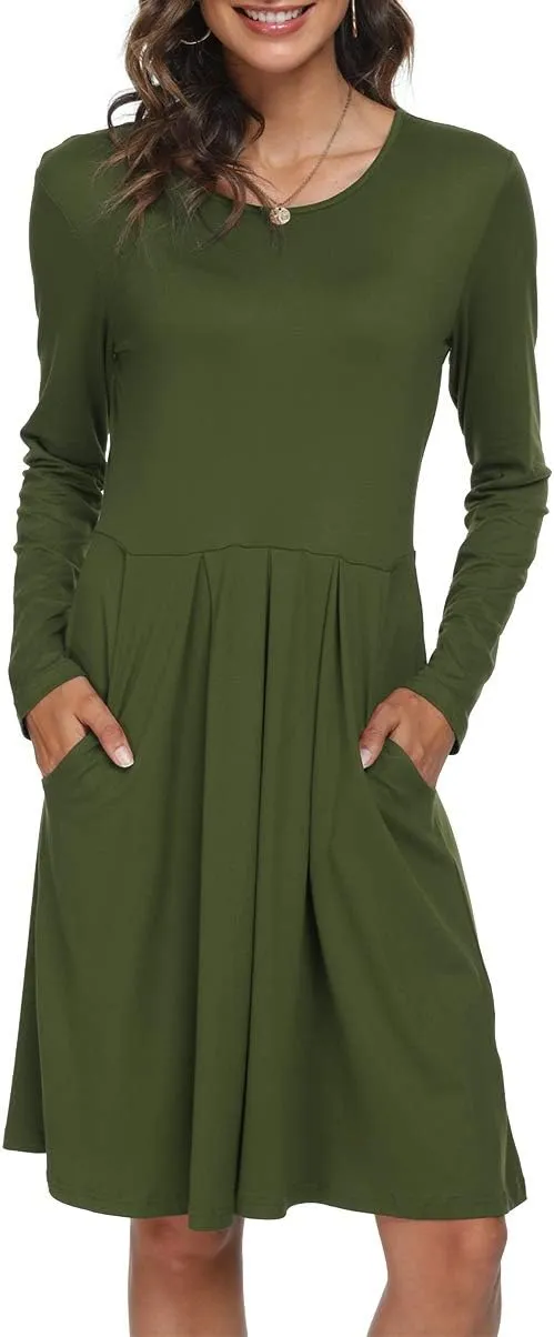 DouBCQ Women's Casual Long Sleeve Flowy Pleated Fall Dresses with Pockets
