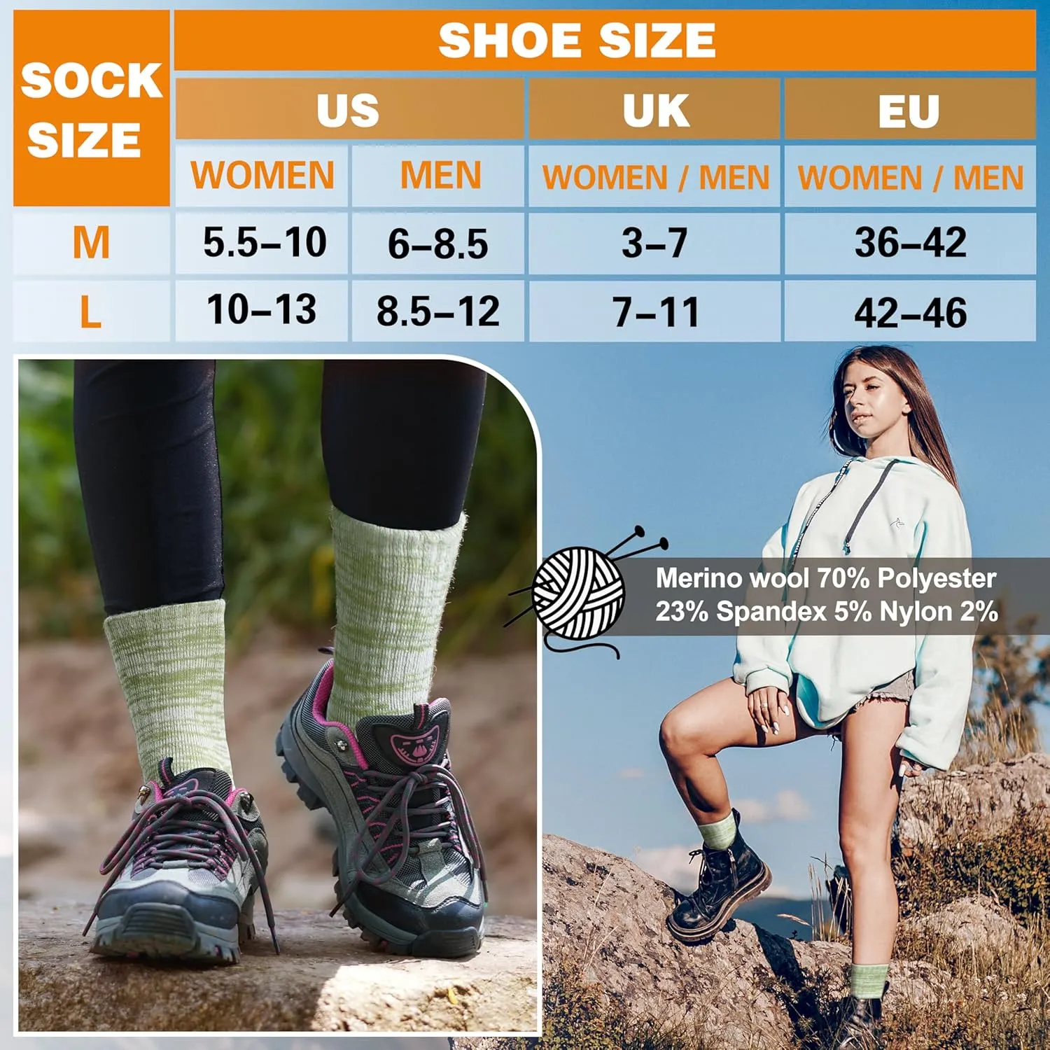 EBMORE Merino Wool Thermal Warm Socks Thick Winter Hiking Cozy Crew Comfy Cushioning Socks 4 Pairs for Women Men