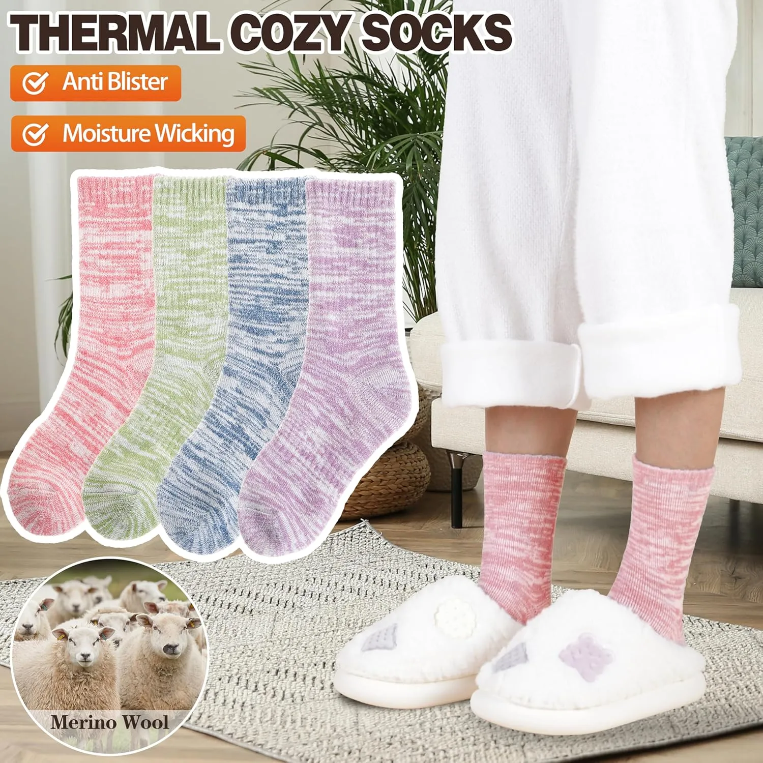 EBMORE Merino Wool Thermal Warm Socks Thick Winter Hiking Cozy Crew Comfy Cushioning Socks 4 Pairs for Women Men