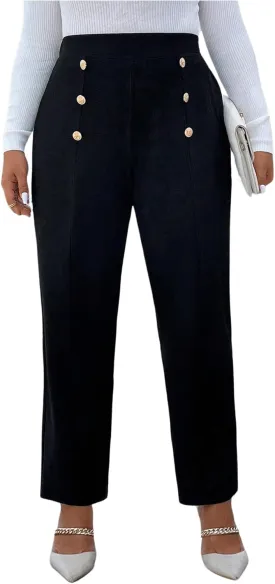 Floerns Women's Plus Size High Waisted Button Pants Straight Leg Office Dressy Trousers