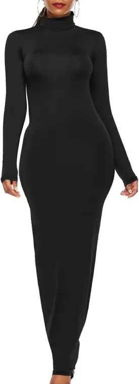 FYEARFOX Womens Plus Size Long Sleeve Maxi Dress Turtleneck Floor Length Slim Plain Basic Bodycon Dresses