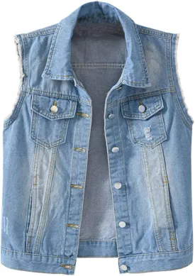 HALITOSS Women's Buttoned Washed Denim Jacket Sleeveless Crop Vest 6 Color