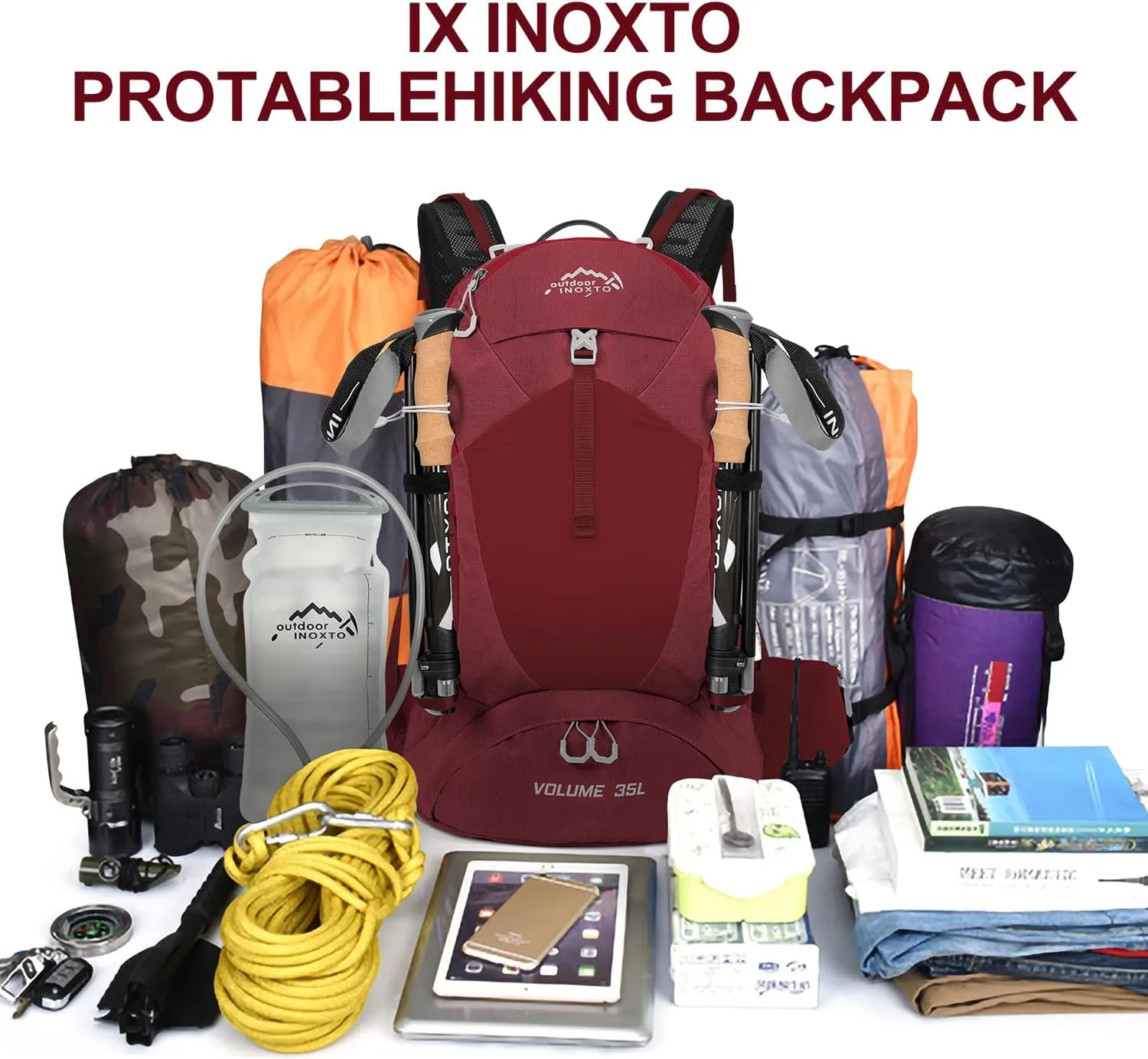 Hiking Backpack,35L Waterproof Hiking Daypack with 3L Water Bladder and Rain Cover, Lightweight Travel Camping Backpack for Men Women (Red)