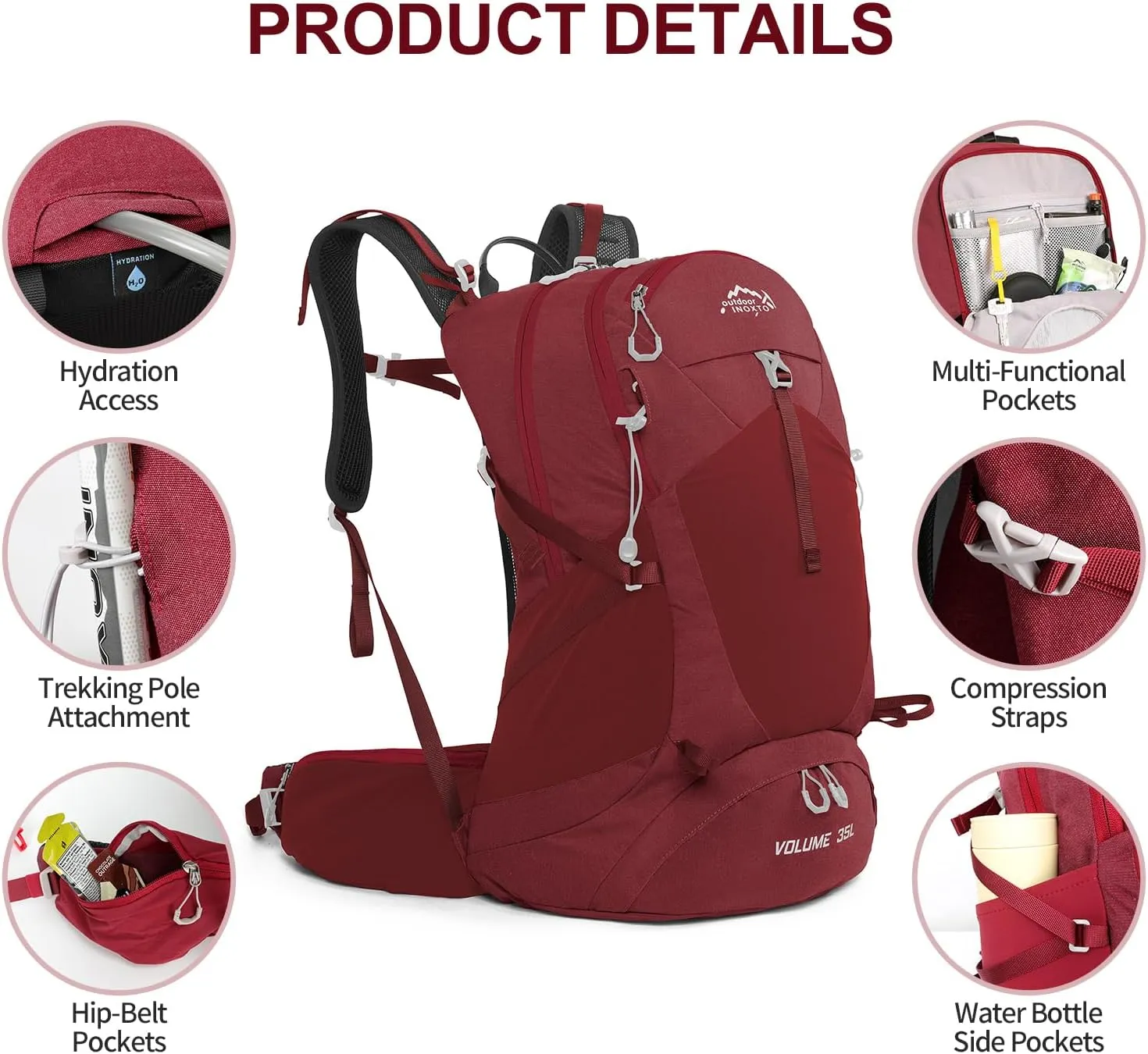 Hiking Backpack,35L Waterproof Hiking Daypack with 3L Water Bladder and Rain Cover, Lightweight Travel Camping Backpack for Men Women (Red)