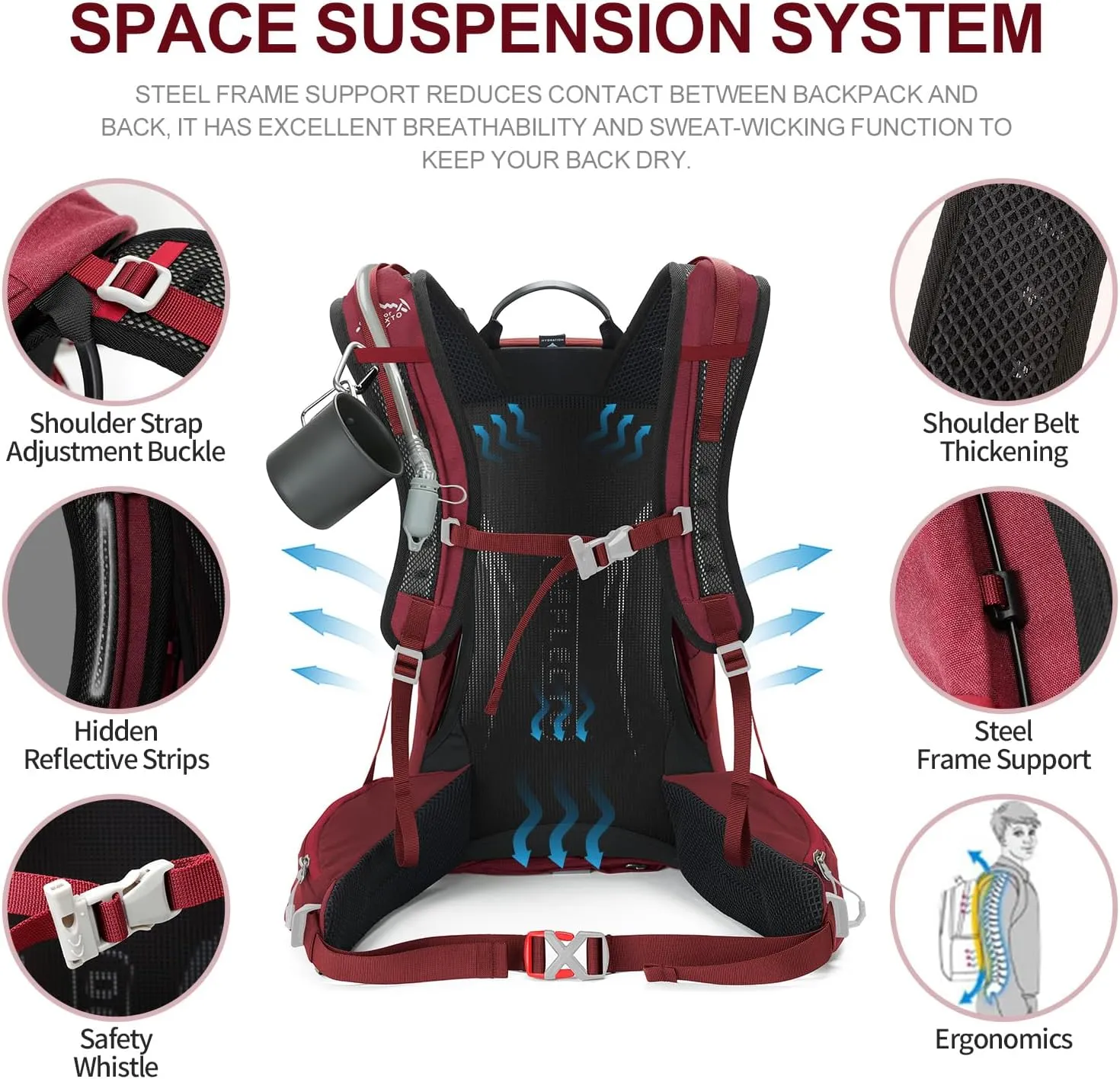 Hiking Backpack,35L Waterproof Hiking Daypack with 3L Water Bladder and Rain Cover, Lightweight Travel Camping Backpack for Men Women (Red)
