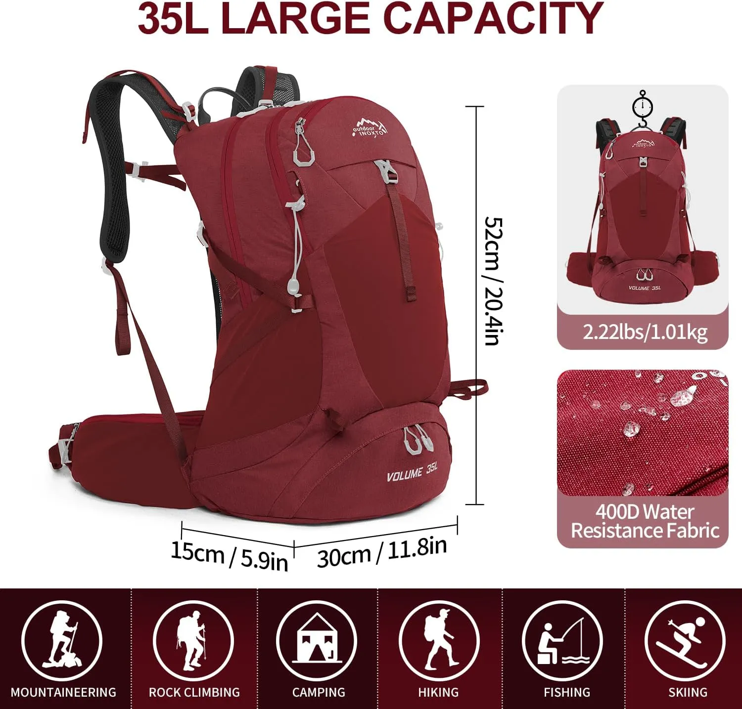 Hiking Backpack,35L Waterproof Hiking Daypack with 3L Water Bladder and Rain Cover, Lightweight Travel Camping Backpack for Men Women (Red)