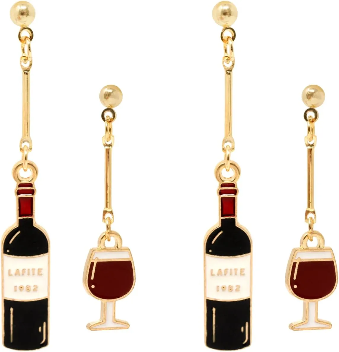 Honbay 2 Pairs of Unique Wine Glass Wine Bottle Dangle Drop Earrings Enamel Alloy Red Wine Glass Earrings Fun Novelty Creative Earrings Asymmetrical Earrings Party Holiday Celebration Earrings Gift