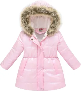 Kids Girls Medium Long Puffer Jacket Metallic Glitter Long Sleeve Winter Coat with Faux Fur Hooded