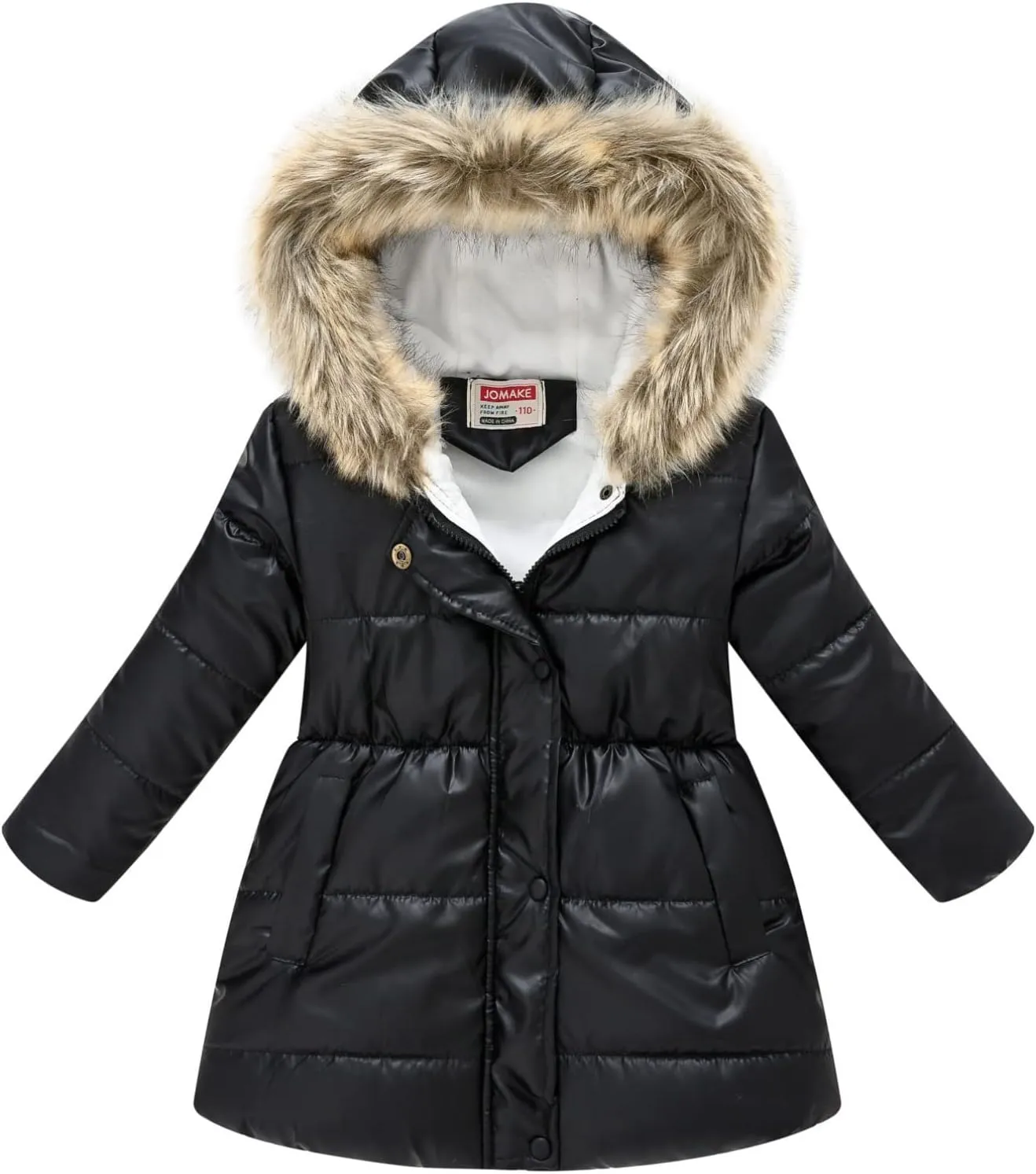 Kids Girls Medium Long Puffer Jacket Metallic Glitter Long Sleeve Winter Coat with Faux Fur Hooded