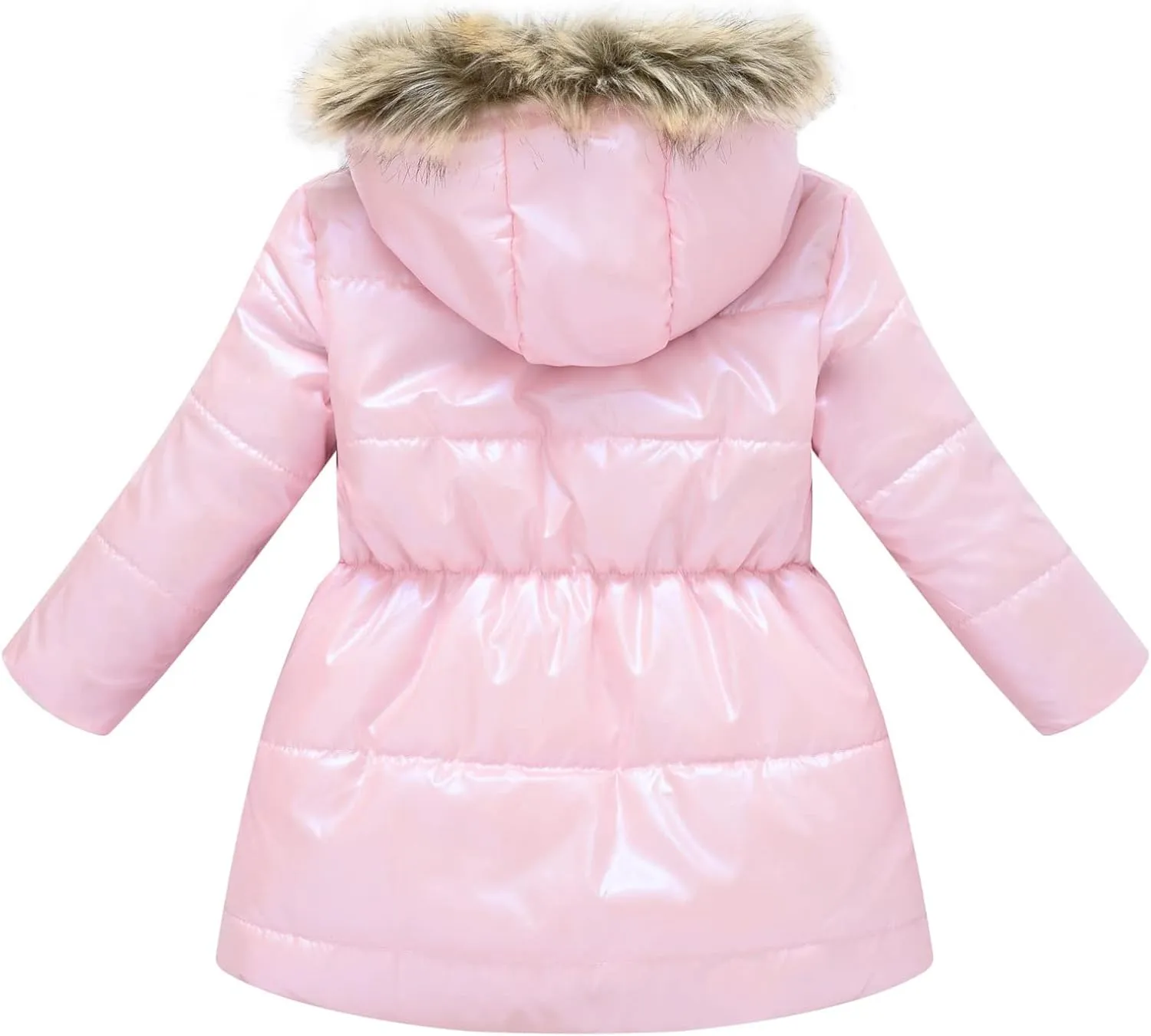 Kids Girls Medium Long Puffer Jacket Metallic Glitter Long Sleeve Winter Coat with Faux Fur Hooded