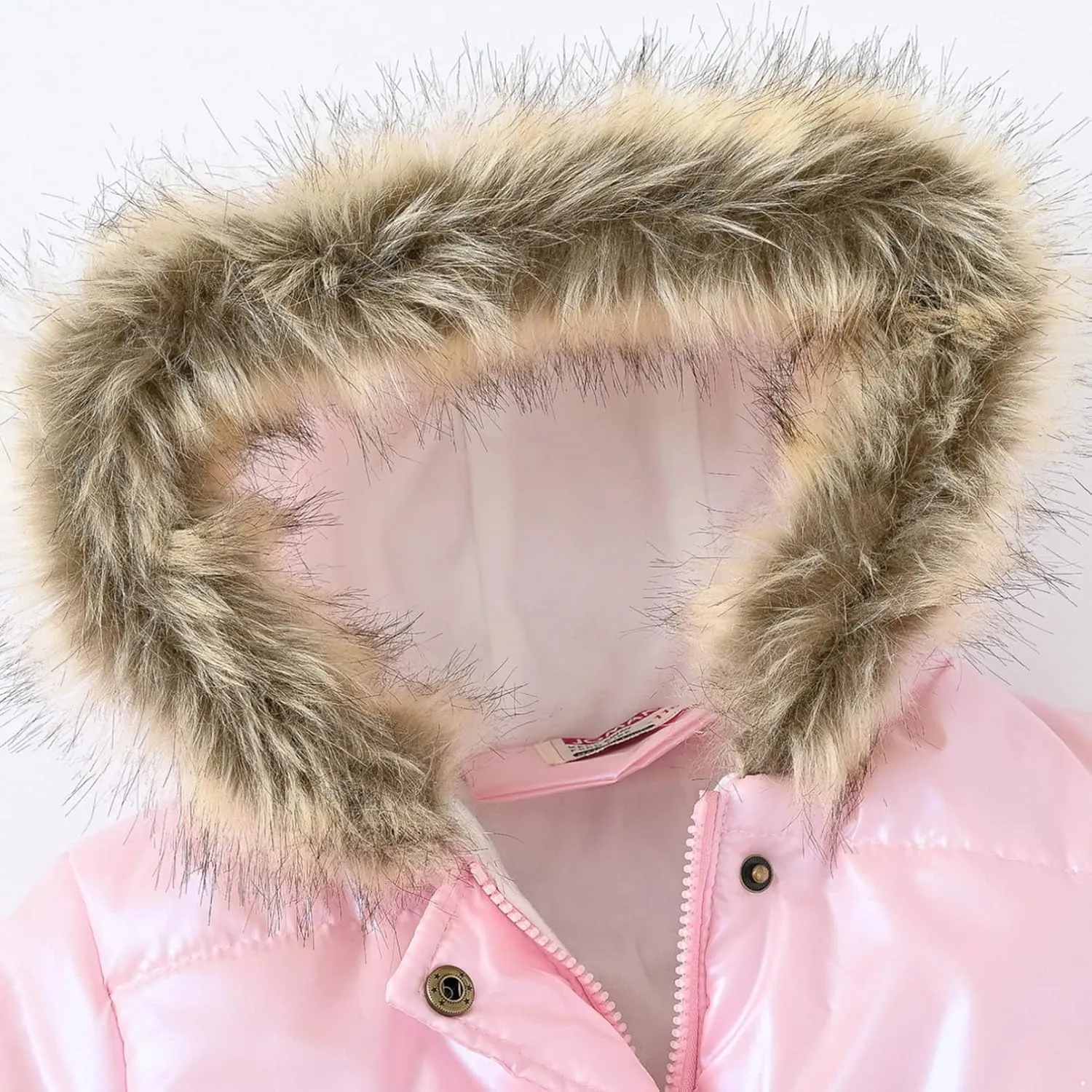 Kids Girls Medium Long Puffer Jacket Metallic Glitter Long Sleeve Winter Coat with Faux Fur Hooded