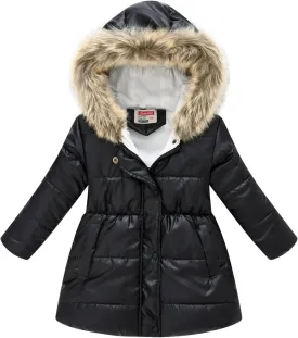 Kids Girls Medium Long Puffer Jacket Metallic Glitter Long Sleeve Winter Coat with Faux Fur Hooded