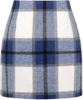 Kinghua Womens Wool Plaid Mini Skirt Fall Winter High Waisted Bodycon Pencil Skirt