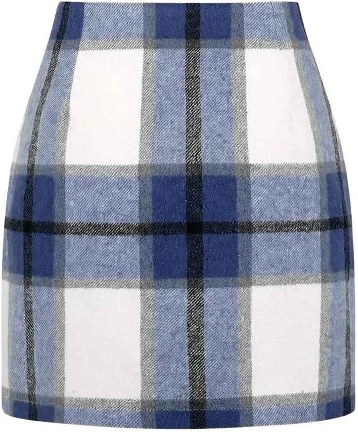 Kinghua Womens Wool Plaid Mini Skirt Fall Winter High Waisted Bodycon Pencil Skirt