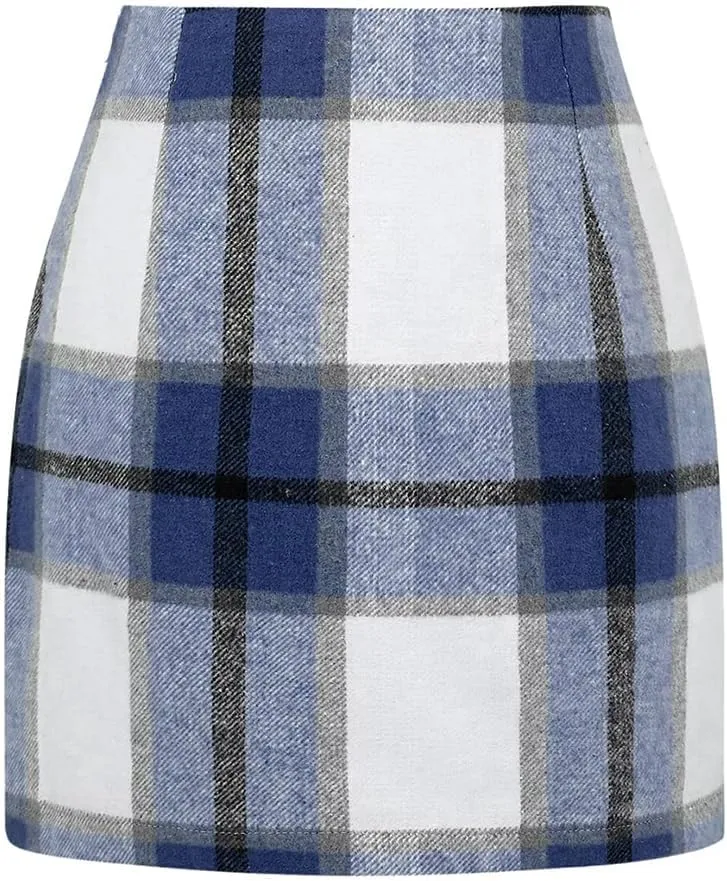 Kinghua Womens Wool Plaid Mini Skirt Fall Winter High Waisted Bodycon Pencil Skirt