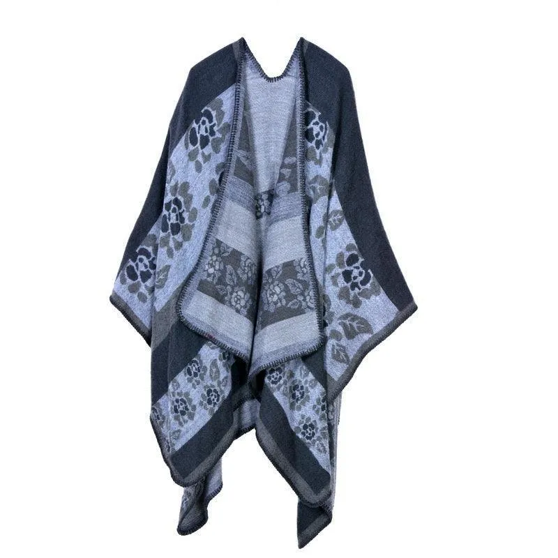 Lattice Women Travel Shawl Imitation Cashmere European  National Style Fork Thickened Cloak Ponchos Capes