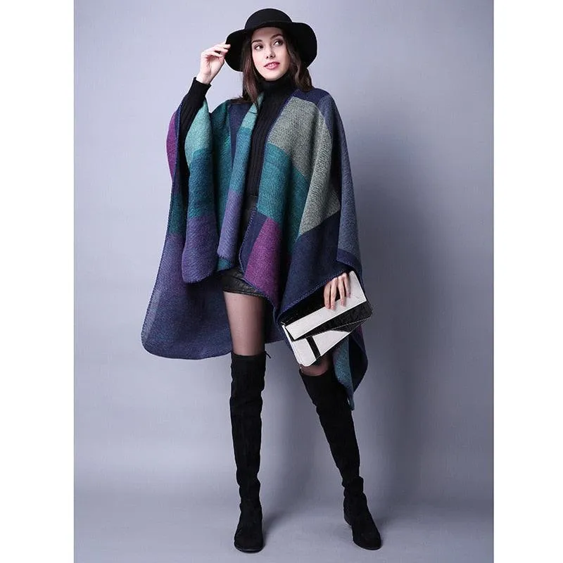Lattice Women Travel Shawl Imitation Cashmere European  National Style Fork Thickened Cloak Ponchos Capes