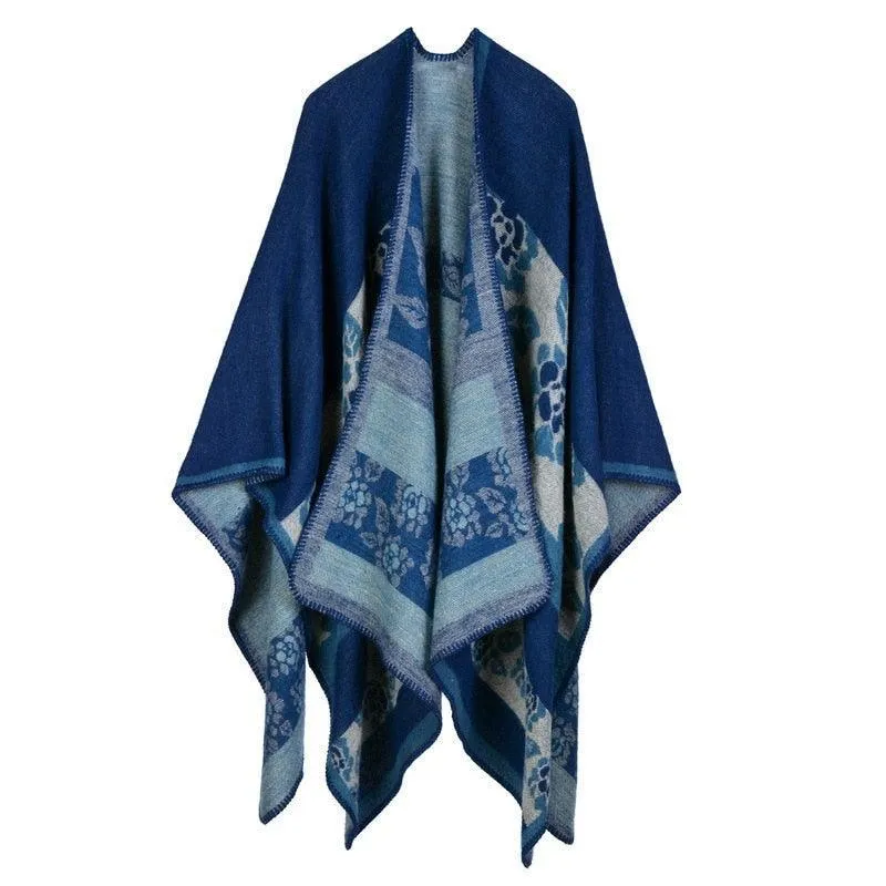 Lattice Women Travel Shawl Imitation Cashmere European  National Style Fork Thickened Cloak Ponchos Capes